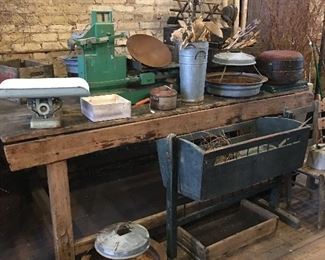 Wooden vintage baby cradle Work table Scales birdfeeders 