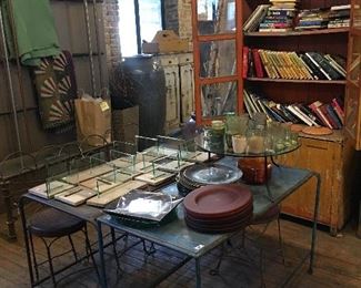 Mustard Colored Cabinet, Wrought Iron Tables, Shelving, Quilts, Smalls