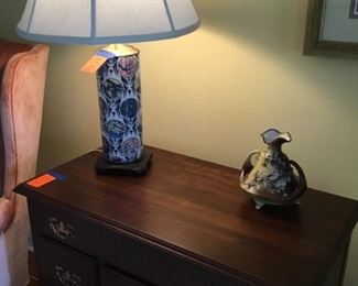 Oriental blue and white lamp and small cabinet Chippendale style 