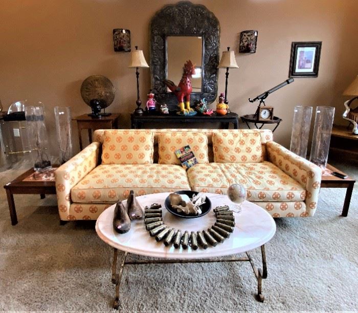Mid Century Asian couch
Mid Century marble top table
Mexican tin mirror
Telescope
Mexican decor