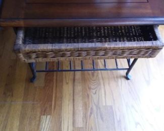 Glass top coffee table with wicker and 2 drawers and lower shelf and matching end table