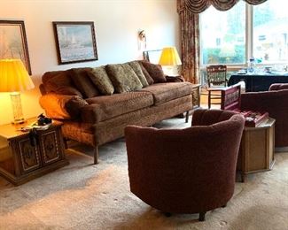 Walter E Smith furniture sofa. 
Two barrel swivel chairs