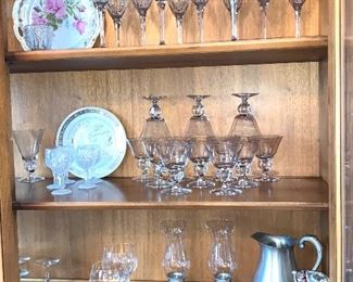 Wonderful set of cut glass wine glasses, pewter candle stick holders