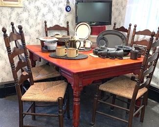 Vintage kitchen table and six ladder back chairs with rush seats - sold separately
The chairs are SOLD
Table is available