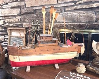 Vtg. handmade wooden ship, wooden back scratchers and real (but dead) Blow Fish