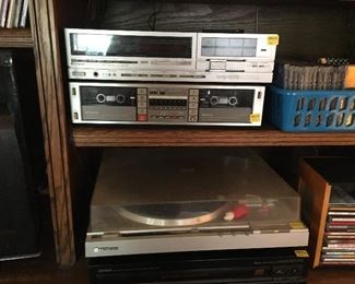 Stereo components!
Hitachi HTA – 35F receiver $42, 
Pioneer dual DVD player $24
Denon five disc DVD player $60
Hitachi HT -6 automatic turntable $50