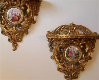 Pr. wall shelves w/porcelain plaques