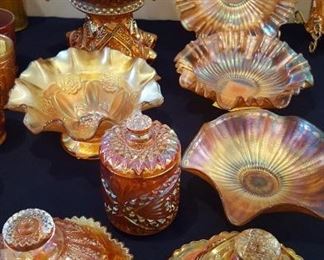 Marigold Carnival glass, punch bowl, & round butter dish