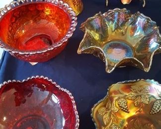 Red Carnival glass & Marigold carnival glass punch bowl