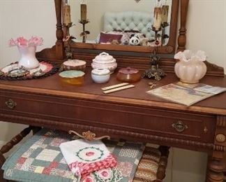 Antique vanity dresser, vanity bench, Fenton vases, powder boxes