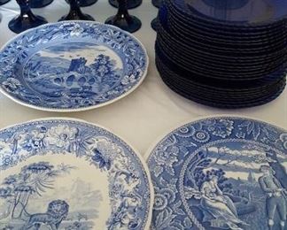 Spode china & blue goblets and plates