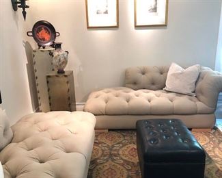 A pair Of Tufted Mirror Image Chaise High End Lounges in a handsome finely brushed khaki twill..