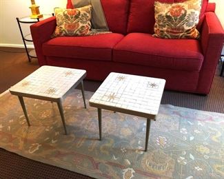 Crate & Barrel Contemporary Sofa.. Mid Century Mosaic Tile End Tables with Gold Starburst Detailing..