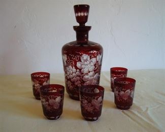 bd1 L 111 Ruby Red Cut to Clear Decanter with Shot Glasses