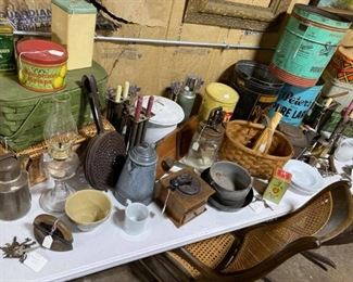 primitive, tin cans, wicker chair