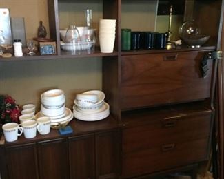 Set of Corelle, glassware and more in etagere,