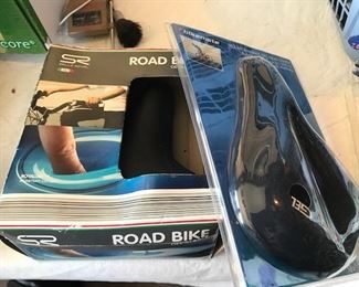 Large selection of bike helmets, seats and other biking accessories.