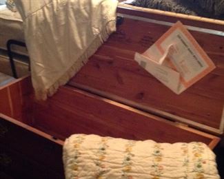 Another Lane cedar chest, vintage throw and bedspread