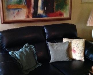 Love seat, accent pillows, large framed oil on canvas