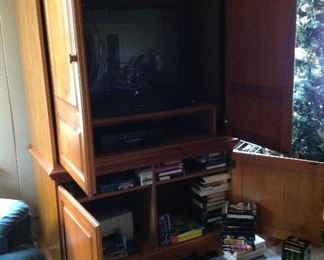 Entertainment armoire, tv, printer, VHS tapes, CDs, cassettes