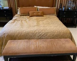 King size tufted headboard, upholstered bench and custom bedding