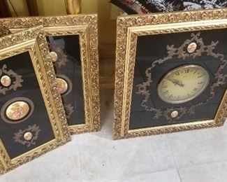 Antique 3 pc wall art and clock