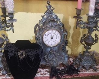 Italian Bronze 3 pc clock set and candleabras 
