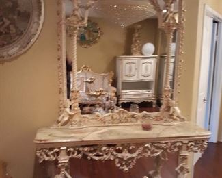 Italian console table with marble and matching mirror