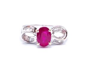 Upscale Natural Ruby and Diamond Ribbon Estate Ring in 18k White Gold