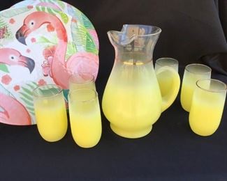Mid Century Yellow Frosted Pitcher and Six Glasses