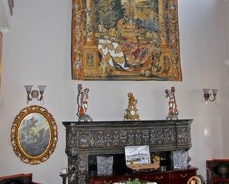 Antique French Clock, Tapestry,Brass Figurines