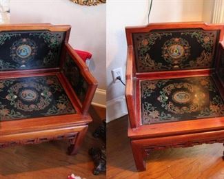 Two Slate Oriental-Style Chairs With Floral Design 