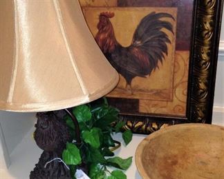 Rooster lamp & picture; wooden dough bowl