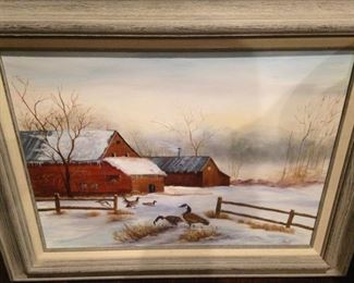 Framed red barn oil