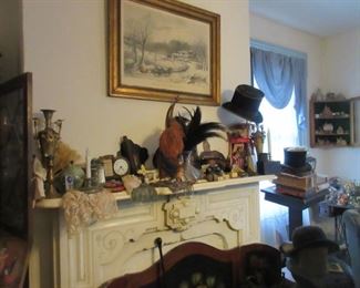 brass vases, top hat, feathers