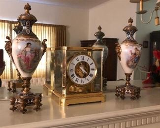 Hand painted champleve urns /Lecoultre clock