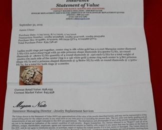 Lot 832 Ring-14K White Gold Band With Center Stone 2.01K- Ladies multi rings  put together, center ring is 18k white gold has a 2.01ct Marquise center diamond I/SI2 GIA cert#1162577946 with 50 side princess shape diamonds @ 2.90cttw G/Si1, 20 round diamonds @ .18cttw G/SI1i quantity of 4 round diamonds @ .13ct each G/SI2 for a total weight of .52cttw.  On each side of the center ring is a 14k white gold 3 stone ring each center is 3/8ct princess shape HI/I2 and 2 princess shaped diamonds @ 3/8cttw HI/I2 with 10 round diamonds @ 1/5cttw HI/I2, for a total for both rings @ 2.00cttw.