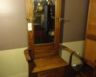 Vintage Hall Tree- C.H. Campbell Shelbyville, IN
77"H x 35 "W x 19"D
Oak wood with hooks and storage compartment under seat