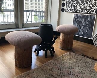 pair of custom tree stump swivel mushroom stools