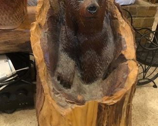Fine Wood Carving of “Bear In Log”