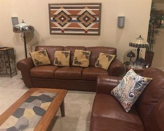 Leather Couch & Leather Sofa in great condition , Rustic Coffee Table, Southwestern Native Decor