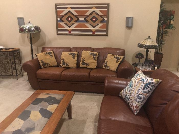 Leather Couch & Leather Sofa in great condition , Rustic Coffee Table, Southwestern Native Decor