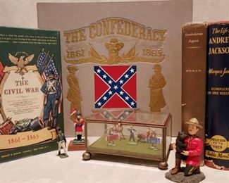 The Confederacy 1861-1865 record album book together with a Canadian police, miniature rodeo figures in glass box, Civil War books and more