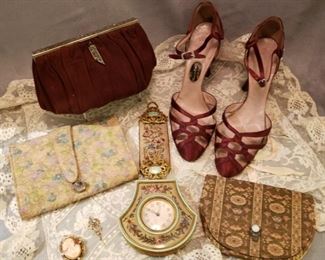 Antique Austria tapestry and enamel clock, 10k yellow gold cameo and pendant, The Famous Barr ladies vintage high heals and a matching French velvet purse and more