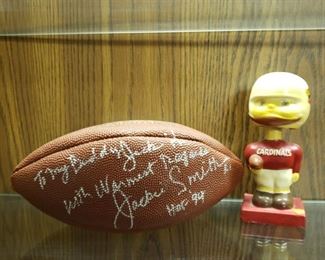 Jackie Smith autographed football and St. Louis Cardinals Football bobble head 