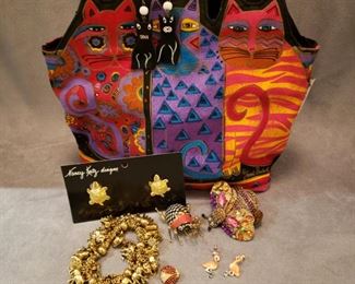 Laura Burch cat purse, Nancy Katz Designs turtle earrings and other costume jewelry