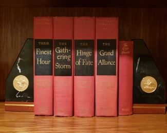 Set of four Winston Churchill books and a pair of Anheuser Busch marble and wood bookends
