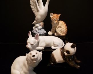 Nao swan together with Made in the USSR  Soviet Porcelain Souvenir  "Leopard"  and "Panda" 1960s together with other animal figurines