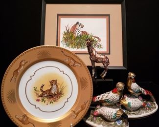 Lynn Chase plates, pheasant figurines, tiger painting and other giraffe figurine