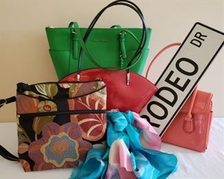 Vintage purses including a green Michael Kohrs and of course a Rodeo Dr. road sign for your closet